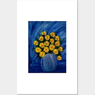 Yellow flowers in a blue vase Posters and Art